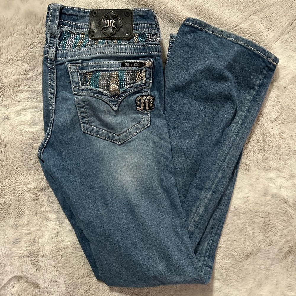 Miss Me Boot Cut Jeans with Blue and Silver Accents